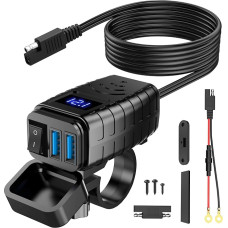 GOOPOOL Motociklo USB lizdas Vandeniui atsparus 12 V motociklo USB įkroviklis su įjungimo / išjungimo jungikliu ir LED voltmetru, QC3.0 motociklo dvigubas USB įkroviklis, skirtas 12 V-24 V motociklui, motociklo namelis, valtis