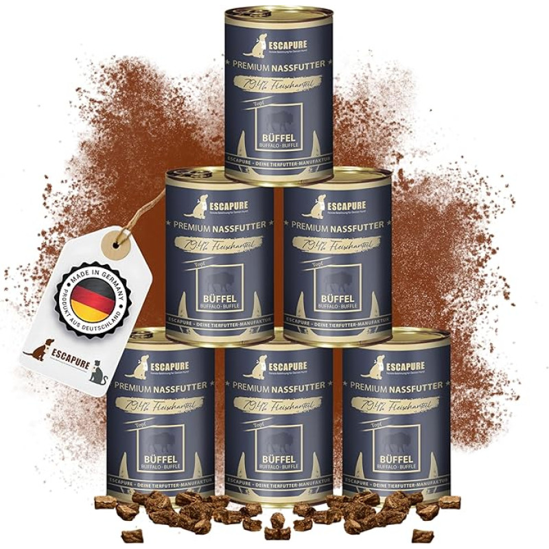 Escapure Adult Wet Food Buffalo 6 x 400 g konservų skardinė - 100% grynos buivolų mėsos ėdalas šunims - konservų skardinė su buivolų mėsa be priedų - papildomas pašaras suaugusiems šunims be grūdų