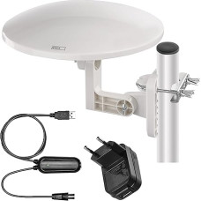 EMOS - Skaitmeninė antena su stiprintuvu - Lauko - Aktyvioji antena Kaimas - 0-80 km diapazonas - FM/DAB/DVB-T/DVB-T2 - Integruotas LTE/4G/5G filtras - 360° priėmimo kampas - Atsparus oro sąlygoms, UV spinduliams