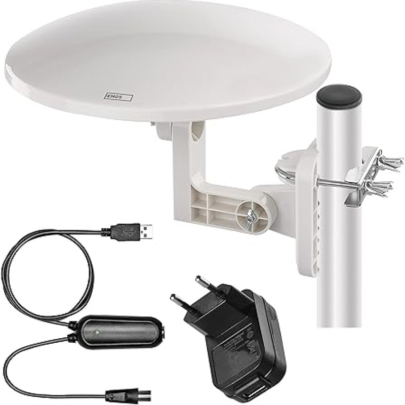 EMOS - Skaitmeninė antena su stiprintuvu - Lauko - Aktyvioji antena Kaimas - 0-80 km diapazonas - FM/DAB/DVB-T/DVB-T2 - Integruotas LTE/4G/5G filtras - 360° priėmimo kampas - Atsparus oro sąlygoms, UV spinduliams