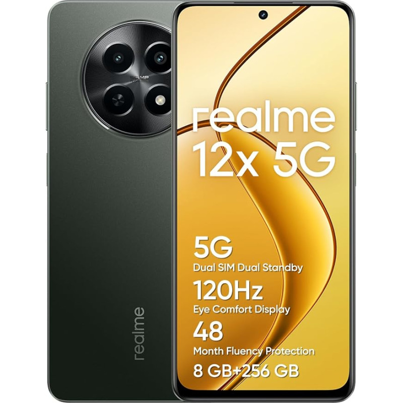 realme 12x 5G išmanusis telefonas 8+256 GB, 50MP AI kamera, 5G Dual SIM Dual Standby, TÜV SÜD 48 mėn. apsauga, 120 Hz Eye Comfort ekranas, 360° NFC, 5000 mAh baterija, švytinti juoda spalva