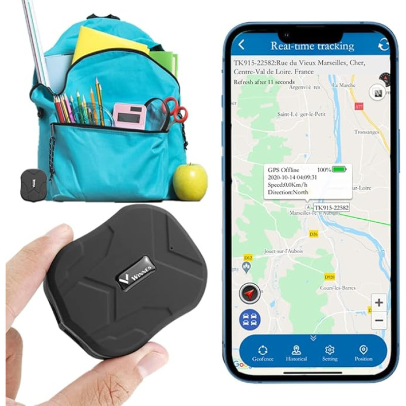 Winnes Mini GPS Tracker with SOS/Multiple Alarms/6 Months Historical Route IP65 Waterproof GPS Tracker Children Portable Small Suitable for Children Cars Bicycles and Backpacks Mini TK905