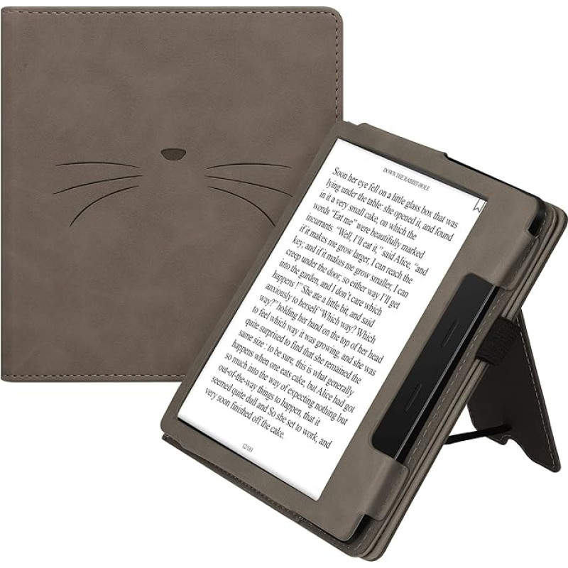 kwmobile Flip Case Compatible with Amazon Kindle Oasis 10th Generation with Wrist Strap Cover Cat Miau Grey