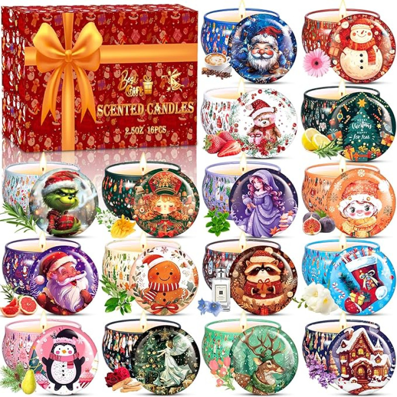 JEDWKFA 16 kvepiančių žvakių dovanų rinkinys, žvakių rinkinys, kvepiančios kalėdinės žvakės, natūralus sojų vaškas, streso malšinimui, advento kalendorius, kvapiosios žvakės, kalėdinės dovanos moterims