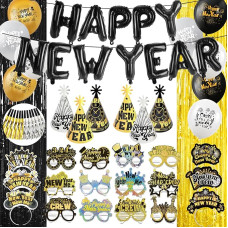 DPKOW 82 x Glitzer 2025 Silvester Deko Accessoires, Lametta Vorhänge Haarreif Silvester Partyhüte Brillen Ballons Silvester Happy New Year Deko Partytröten für 2025 Silvester Party Zubehör Set Glitzer
