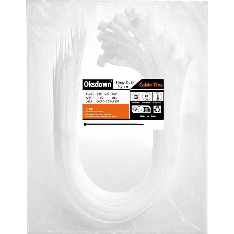 Oksdown 500 mm x 7.6 mm Wide Pack of 100 Strong Cable Ties with 55 kg Tensile Strength White UV-Resistant Large Long Nylon Plastic Self-Locking Multifunctional Cable Zip Ties