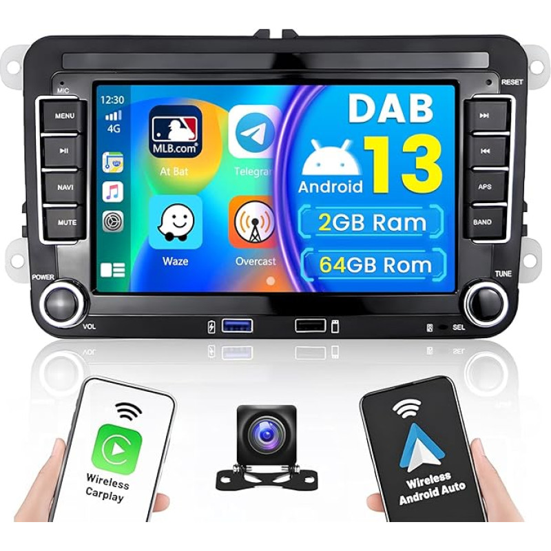 DAB+/DAB Android 13 automobilinis radijas VW Golf Skoda Passat Seat su belaidžiu Carplay Android automobilinis radijas 7 colių jutiklinio ekrano palaikymas GPS navigacija BT FM EQ WiFi USB atbulinės eigos kamera 2GB + 64GB