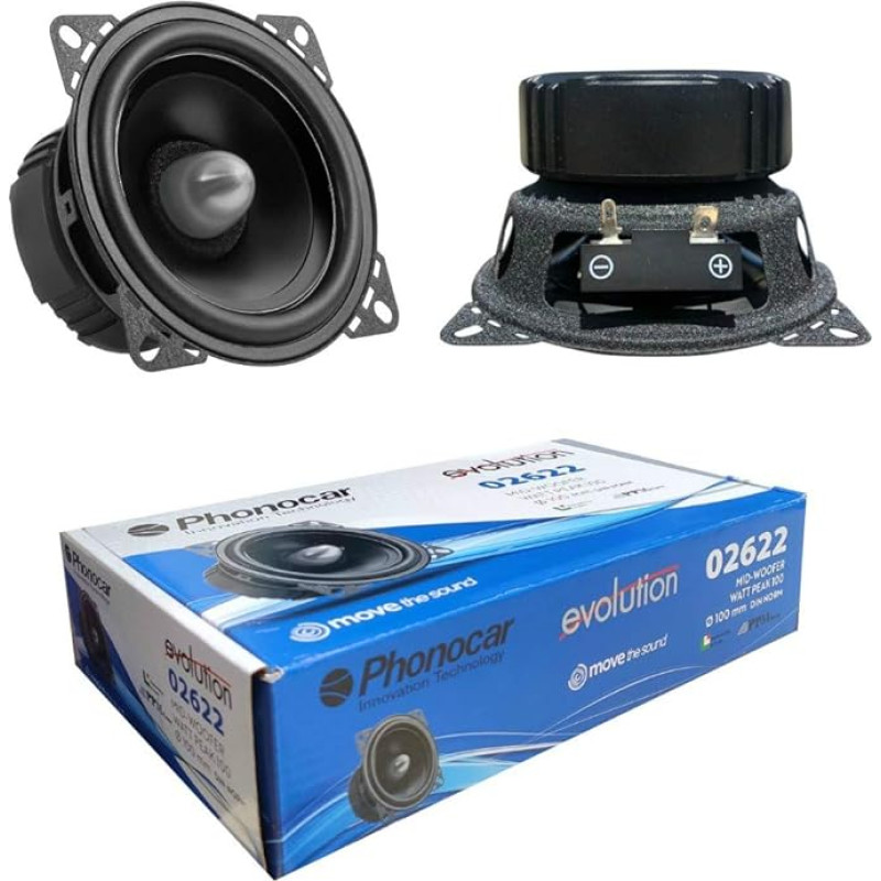 2 Phonocar 02622 Vidutinio žemo dažnio žemų dažnių garsiakalbis 10,00 cm 100 mm 4 coliai 50 W RMS 100 W Max impedansas 4 omai 92 dB SPL SQL automobilio durų garsiakalbis