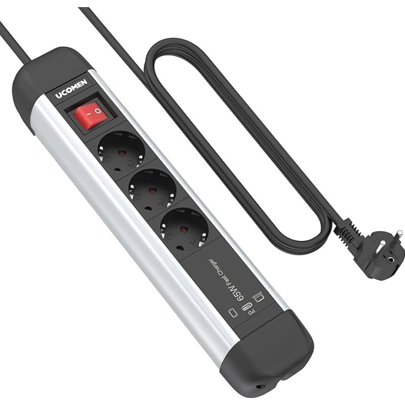 UCOMEN 3-Way Power Strip with Switch and PD 65 W USB C for iPhone, iPad, MacBook Air/Pro, Multifunctional Multiple Socket for Office, Home, Tool Room and Travel, 1.5 m Cable, 16 A, 3680 W