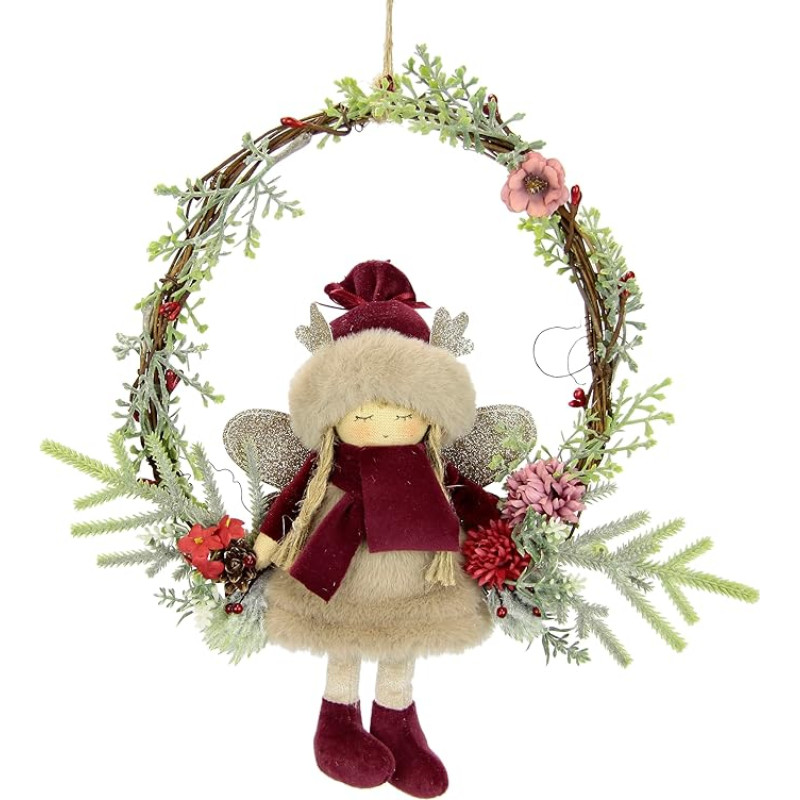 Decorated Wreath Made of Rattan with Elf with Fir Branches, Decorative Branches, Artificial Flowers, Berries, Christmas Wreath, Wreath, Wreath, Decorative Wreath, Decorative Christmas Decoration, Door