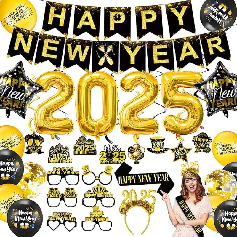 Abitoncc 2023 Folienballons Schwarz und Gold Happy New Year Banner Neujahr Hängende Wirbel 6pcs Silvester Papiergläser Foto Requisiten Stern Ballons für 2023 Silvester Party Dekorationen