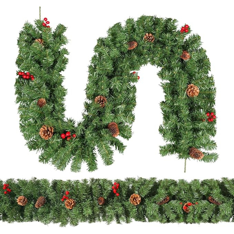 Christmas Garland 270 cm, Uten Fir Garland with Red Berries and Pine Cones, Christmas Decoration, Green, for Door, Stairs, Wedding