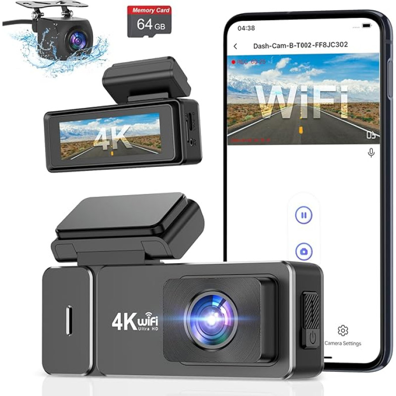 Dash Cam Car Front Rear 4K + 1080P, CHORTAU WiFi Dash Cam 2.99 Inch LCD Display with 64GB SD Card, Dual Car Camera with App Control, Super Night Vision, WDR, G-Sensor, Loop Recording, Parking