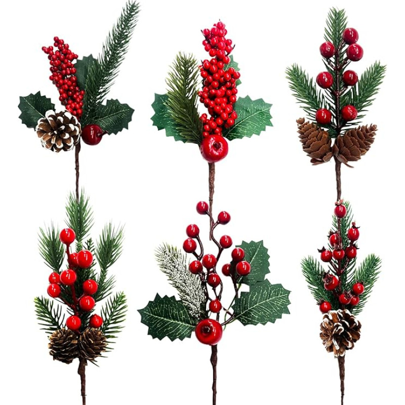 MAINOSHY 6 rote Weihnachtsbeeren Stiele künstliche Tannenzapfen Tannenzweige mit Beeren Tannenzapfen Weihnachtsblumen-Picks für Weihnachtskränze Zuhause Vase Dekor