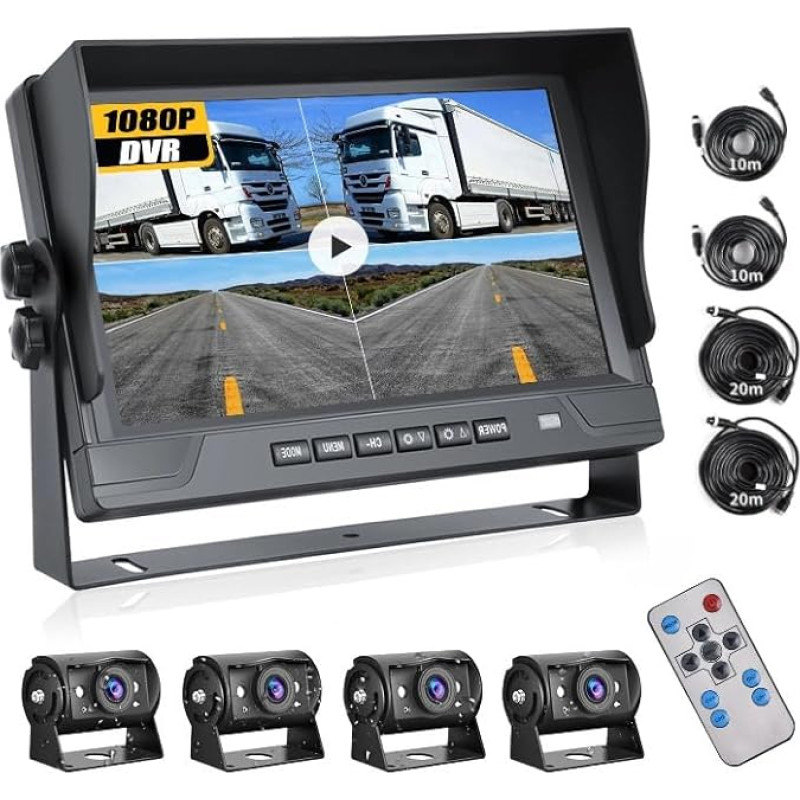 CAMECHO Rear View Camera 4 Cameras, 9 Inch 1080P 4 Split DVR Monitor with 4 Cameras + Cable 2 x 10 m + 2 x 20 m, IP69 Waterproof Night Vision Cameras, Front View Cameras for Truck, Trailer, Motorhome,