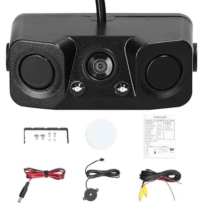 Shkalacar 3-in-1 Visual Reversing Camera Waterproof Video Reversing Camera with 2 Radar Detection Sensors and Buzzer, Acoustic Warning System, Reversing Camera for Reversing Safety