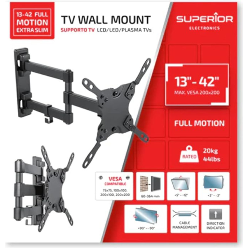 Sieninis televizoriaus laikiklis, pasukamas nuo 13 iki 42 colių (itin plonas) VESA: 75 x 75, 100 x 100, 200 x 100, 200 x 200
