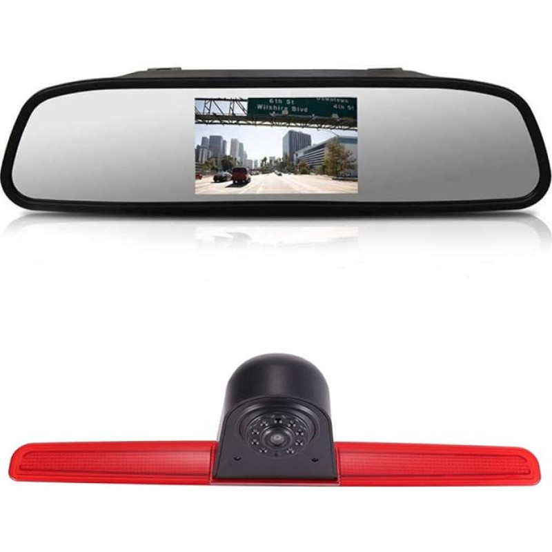 Vandeniui atspari parkavimo kamera Parkavimo pagalbos spalvota kamera Stabdžių šviesos kamera Stabdžių šviesos atbulinės eigos kamera + 4,3 colių LCD veidrodžio monitoriaus pakeitimas VW T5 Bus Transporter Caravelle 2003-2015 m.