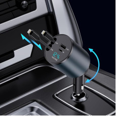 Ištraukiamas 60 W automobilinis įkroviklis su USB C ir keliais prievadais, skirtas 