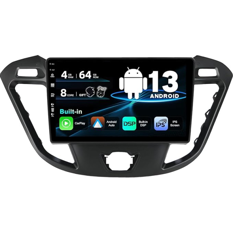 BXLIYER Android 13 IPS automobilinis radijas, tinkamas Ford Tourneo Transit Custom (2013-2021) - Integruotas Carplay/Android Car/DSP - LED kamera + MIC - 4G + 64G - DAB 360 kamera SWC Fast-boot WiFi 4G -2 DIN 9