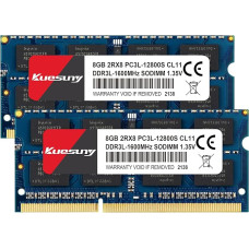 Kuesuny 16GB rinkinys (2x8GB) DDR3L 1600MHz SODIMM RAM 16GB DDR3 PC3/PC3L-12800S 1.5V / 1.35V CL11 204Pin 2RX8 Dual Rank Non-ECC atminties DDR3L RAM PC3 Sodimm, skirta nešiojamiesiems kompiuteriams atnaujinti