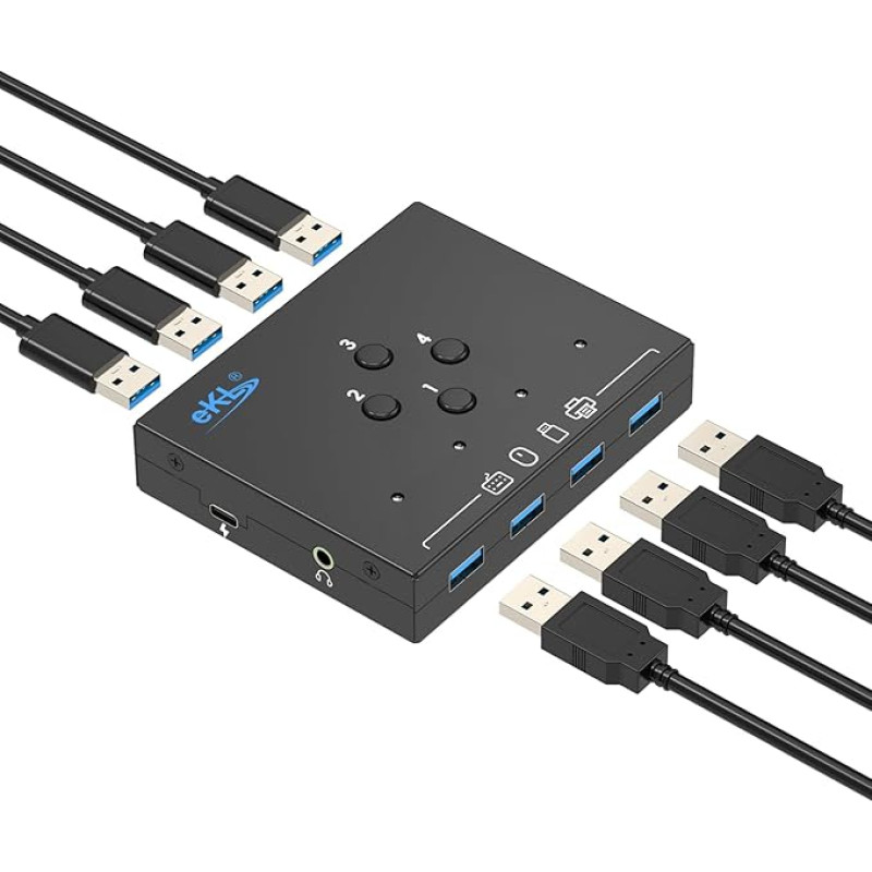 USB 3.0 jungiklis 4 kompiuteriams, besidalijantiems 4 USB periferiniais įrenginiais Kompiuterio nešiojamojo kompiuterio pelės klaviatūros skaitytuvo spausdintuvo jungiklis su vienu mygtuku ir 3,5 mm garso išvestimi