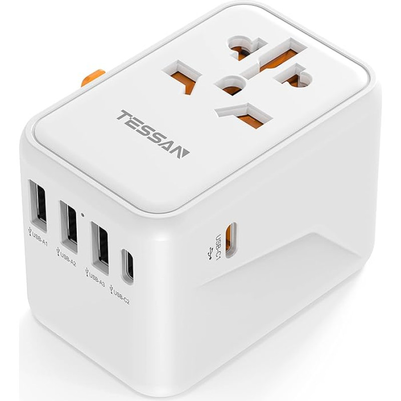 TESSAN Travel Adapter Worldwide USB C PD Fast Charge, 45W Fast Charging Travel Plug Adapter with 3 USB and 2 USB C, Universal for EU USA UK Thailand Australia Travel Adapter