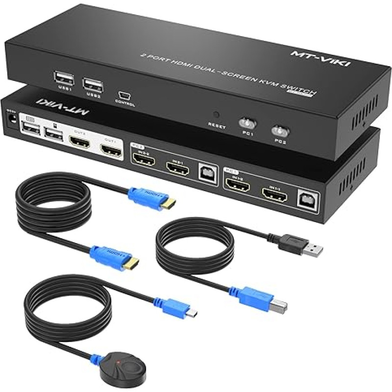 MT-VIKI 4K60Hz HDMI KVM jungiklis 2 prievadai Dviejų monitorių KVM jungiklis HDMI 2 monitoriai Išplėstas ekranas EDID Spartieji klavišai Stalinis valdiklis USB HDMI kabelis 4 x USB 2.0