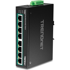 TRENDnet TI-PE80 8 prievadų DIN stovo Fast Ethernet PoE+ pramoninis komutatorius, 8 prievadų Fast Ethernet PoE+, nevaldomas IP30 tinklo komutatorius, 200 W PoE galios biudžetas