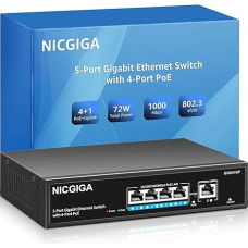 NICGIGA 5 prievadų Gigabit PoE komutatorius su 4 PoE prievadais ir 72 W integruotu maitinimo šaltiniu, be ventiliatoriaus, tvirtas metalinis korpusas stalui / sienai, 