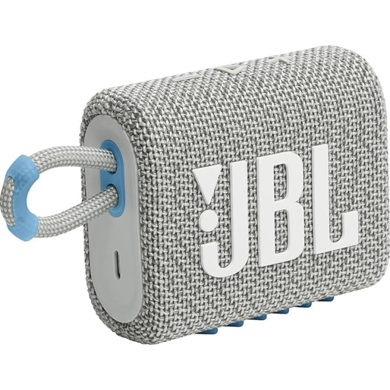 JBL GO 3 Eco - Small Bluetooth Box Made of Recycled Material in White - Waterproof, Portable Speaker for Travel - Up to 5 Hours Playback Time on Just One Battery Charge