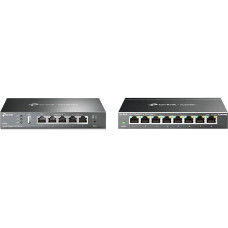 TP-LINK ER605 5 prievadų dvigubas/daugiafunkcis WAN VPN maršrutizatorius, juodos spalvos ir TL-SG108E valdomas komutatorius 8 prievadų Gigabit Ethernet LAN komutatorius (Plug and Play tinklo komutatorius, metalinis korpusas, QoS, IGMP Snooping), juodos sp