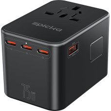 EPICKA Travel Adapter Worldwide, GaN 75W Travel Plug PD Fast Charger, Universal Travel Adapter with 3 USB-C, 2 USB-A, International Socket Adapter for USA UK Canada Japan Thailand TA-105 Max