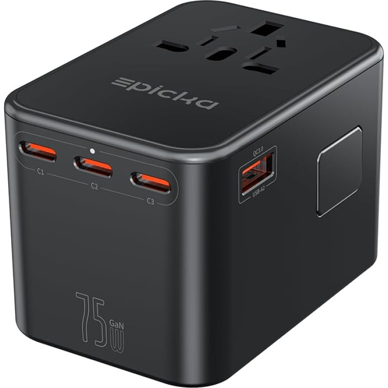 EPICKA Travel Adapter Worldwide, GaN 75W Travel Plug PD Fast Charger, Universal Travel Adapter with 3 USB-C, 2 USB-A, International Socket Adapter for USA UK Canada Japan Thailand TA-105 Max