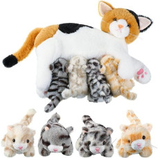 Maitinantis kačių minkštas žaislas su pliušiniu kačiuku Baby Cuddly Toy mergaitėms ir berniukams Plushie kačiukas Mum Cat Plush Toy su 4 Baby Cuddly Cat gimtadienio žaislu