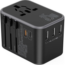 Travel Adapter Worldwide, Travel Plug 35 W Fast Charging, Travel Adapter with 1PD, 1USB C, 3USB and AC Socket, International Travel Adapter for US EU UK from over 150 Countries