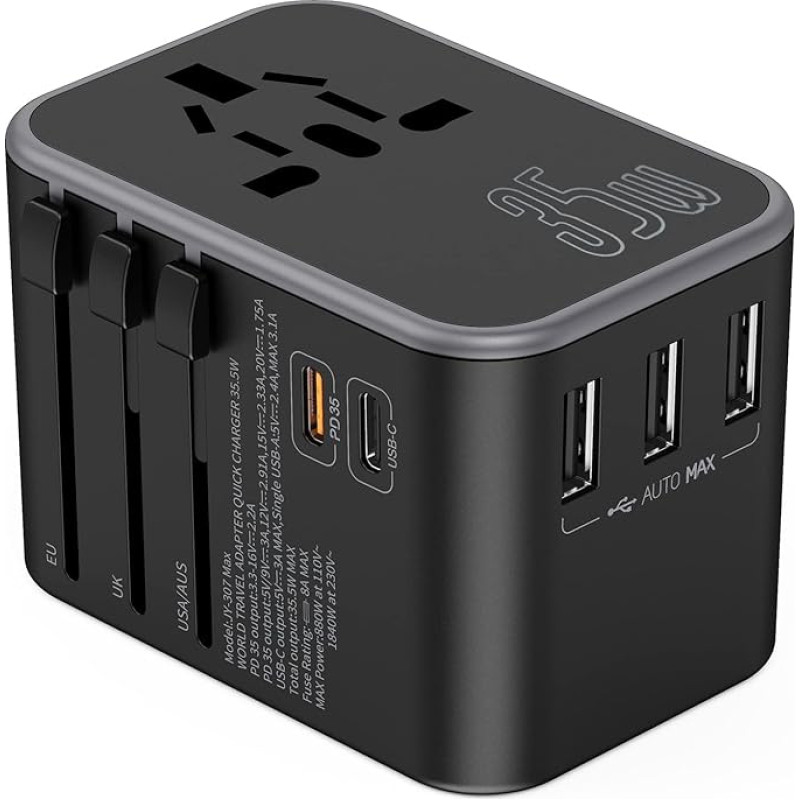 Travel Adapter Worldwide, Travel Plug 35 W Fast Charging, Travel Adapter with 1PD, 1USB C, 3USB and AC Socket, International Travel Adapter for US EU UK from over 150 Countries