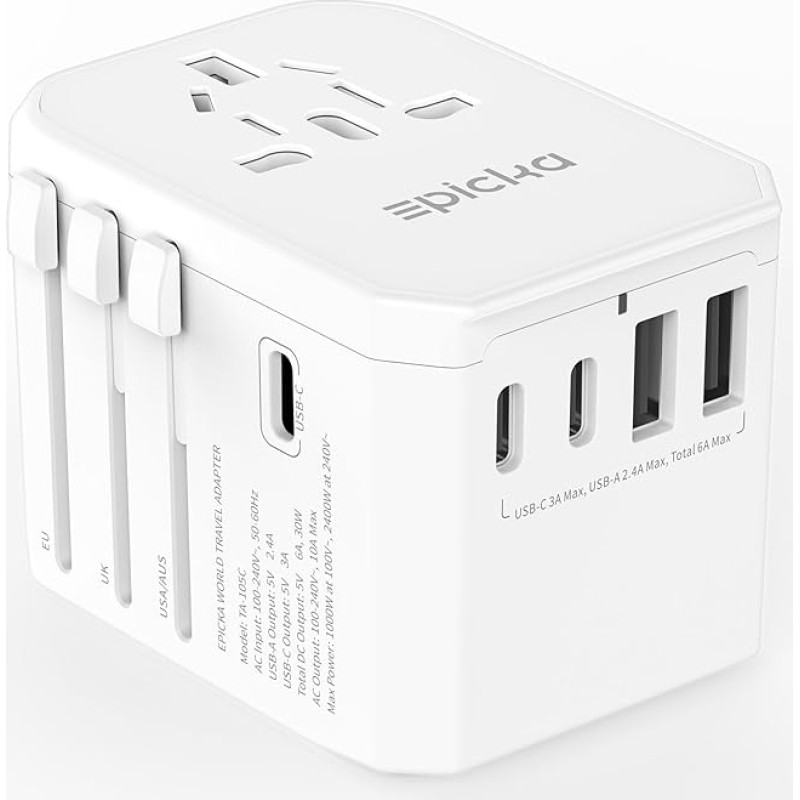 EPICKA Travel Adapter Worldwide, Universal Travel Plug Adapter 30 W, International Socket Adapter with 3 USB-C, 2 USB-A, Travel Adapter for Germany, USA, UK, Japan, Thailand, Australia, TA-105C, White