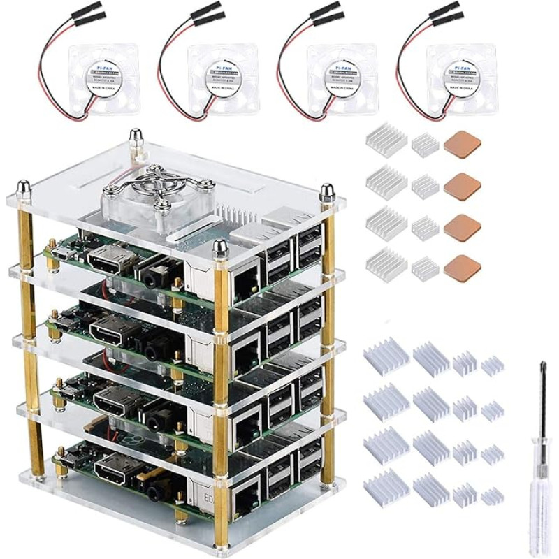 GeeekPi Raspberry Pi 4 korpusas, Raspberry Pi 4 korpusas su ventiliatoriumi, Raspberry Pi 4 radiatorius, 4 sluoksnių akrilinis korpusas, Pi Rack korpusas, sudedamas korpusas, skirtas Raspberry Pi 3B+, Raspberry Pi 3/2 Model B