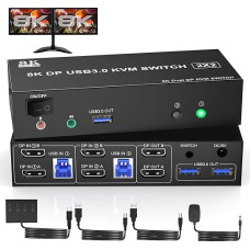 8K@60Hz USB 3.0 Displayport KVM jungiklis 2 kompiuteriams 2 monitoriams, DP 1.4 dviejų monitorių KVM jungiklis su garso mikrofono išvestimi ir 3 USB 3.0 įrenginiais, stalinis valdiklis ir 2 USB kabeliai