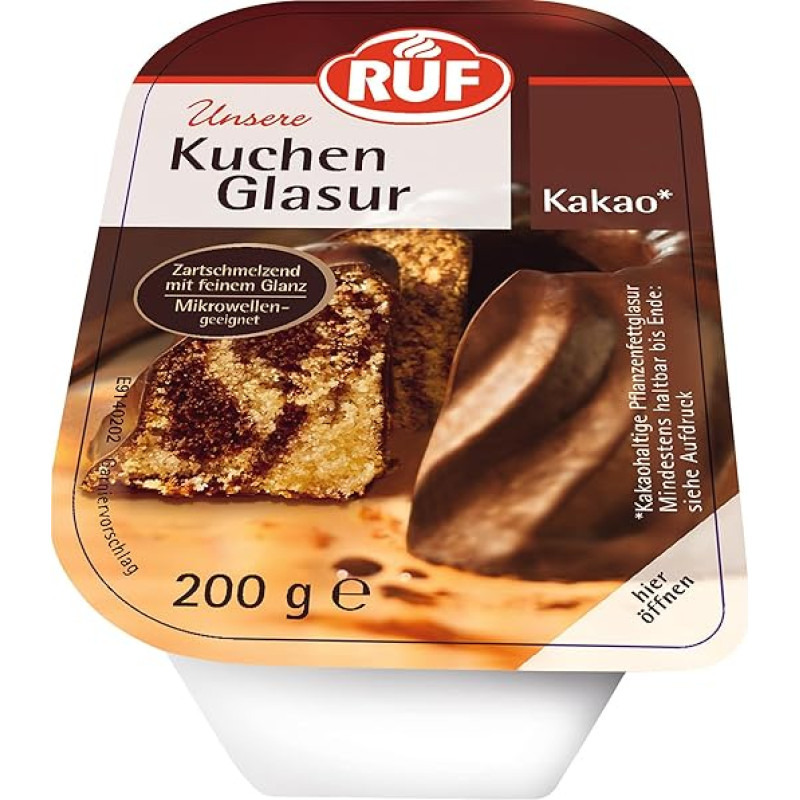 RUF Cake Glaze Cocoa, 200 g in Cup, Microwave-Safe, for Glazing & Decorating Cookies, Cakes & Tarts, Gluten-Free