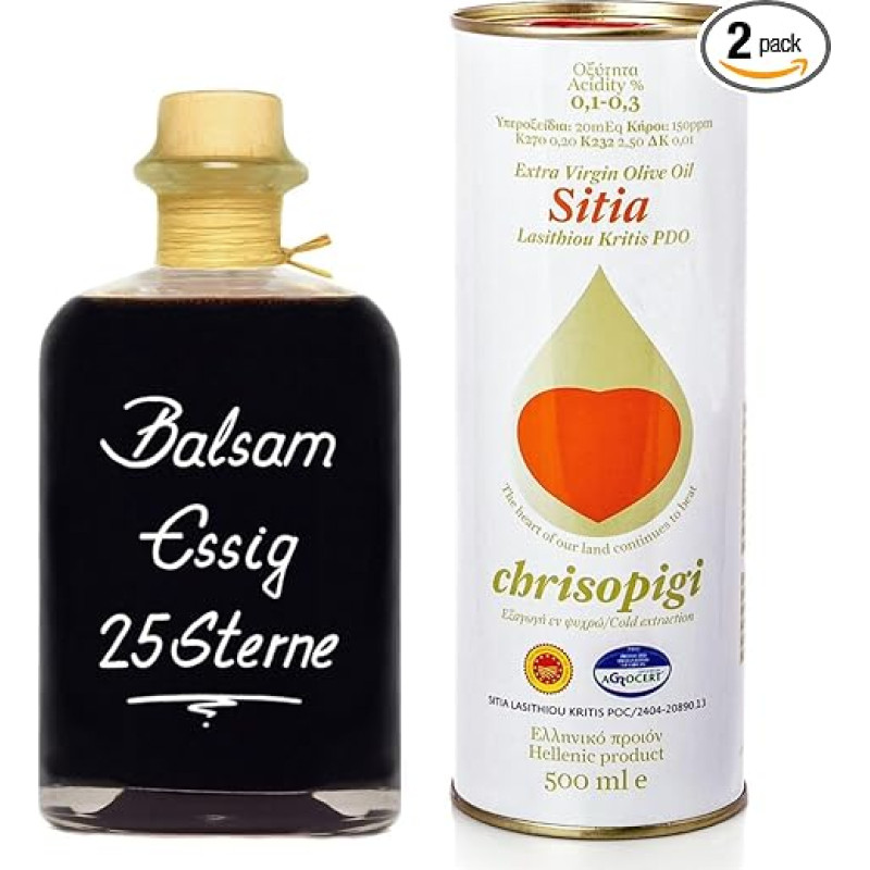 Graikiškas alyvuogių aliejus Chrisopigi Kreta 0,5 L ir balzaminis actas Aceto 25 Stars 0,5 L