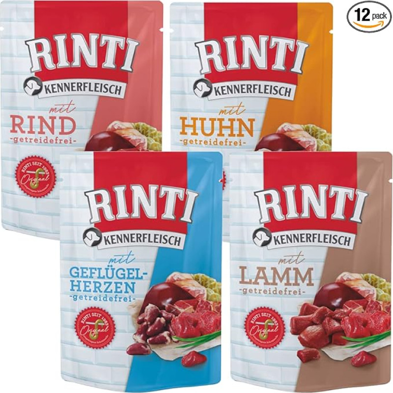 RINTI Connoisseur Meat 400 g šunų ėdalo mišinys / 4 rūšių pasirinkimas / drėgnas ėdalas be grūdų / galima įsigyti 12 arba 20 pakuočių (12)