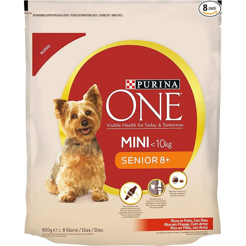 Purina One Mini Senior 8+ sausas maistas vyresniems nei 10 kg svorio mažiems šunims, gausus vištienos su ryžiais, 8 pakuotės po 800 g