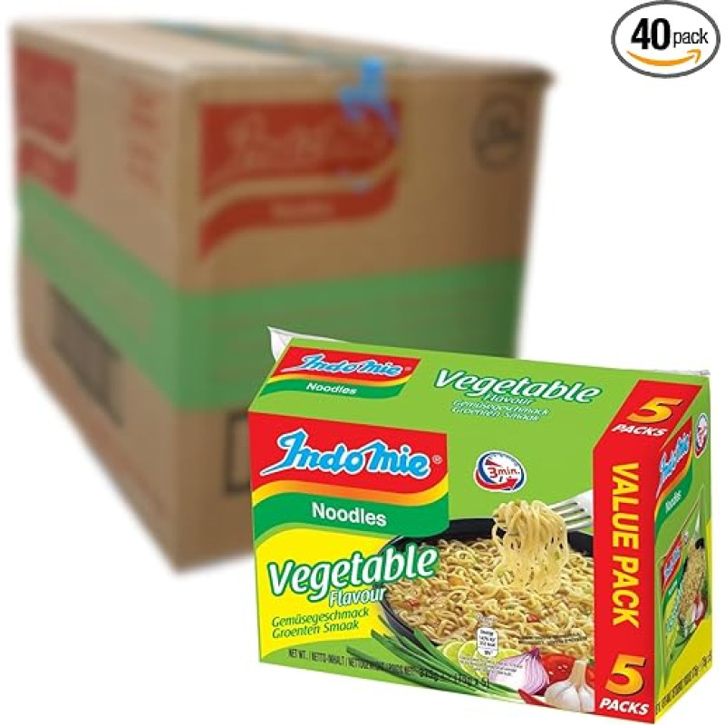 INDOMIE - Momentinės makaronų daržovės, 5 vnt., daugkartinė pakuotė (8 x 5 x 75 g)