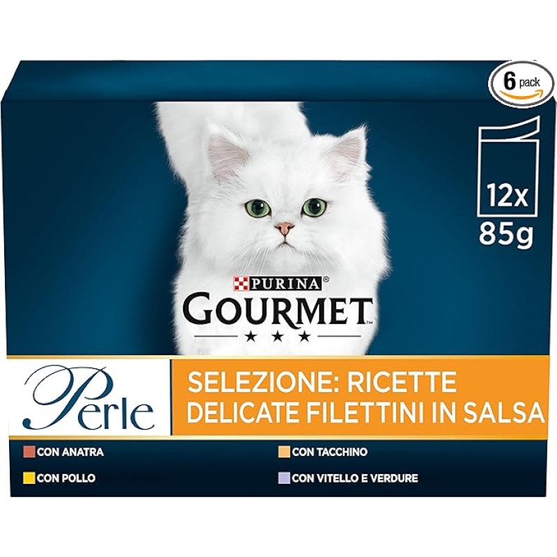 Gourmet Moist Beads Cat Fillets in Sauce with Chicken, Duck, Turkey, Veal with Vegetables - 72 Bags of 85 g (6 Packs of 12 x 85 g)