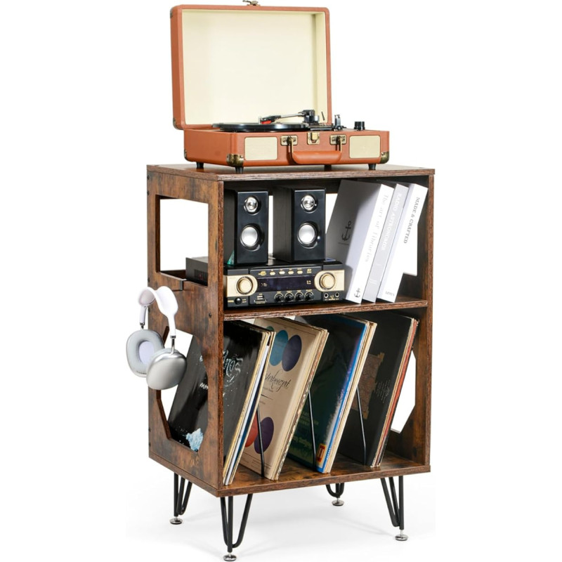 Derliaus grotuvo stovas, šoninis stalas, patefono lentyna su saugykla, medinis patefono stalas, vinilo laikiklis su metalinėmis kojelėmis, talpinantis 160 albumų, skirtas svetainei, miegamajam, biurui