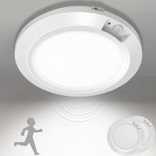 Bemexred LED Battery Operated Ceiling Light with Motion Sensor Indoor, 6000 K Wireless Motion Sensor Lamps Battery Night Light for Cupboard Bathroom Cellar Cabinet Stairs Diameter 16 cm Cool White