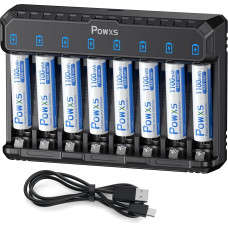 POWXS baterijų įkroviklis su 8 x 1100 mAh NI-MH įkraunamomis mikro AAA baterijomis, ličio NiMH NICD AA AAA baterijų įkroviklis, 8 krypčių greitasis įkroviklis
