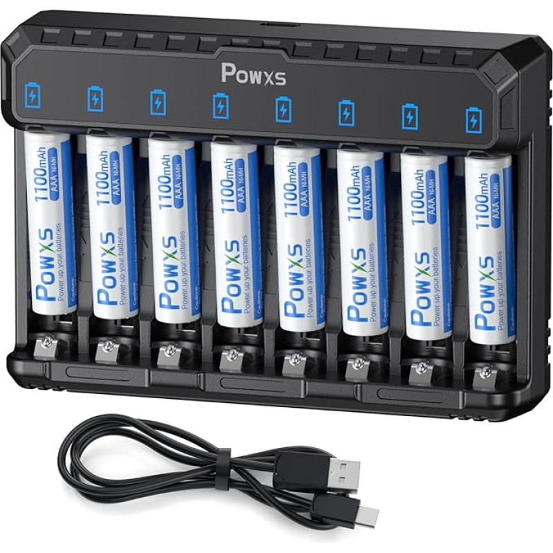 POWXS Battery Charger with 8 x 1100 mAh NI-MH Rechargeable Micro AAA Batteries, Battery Charger for Lithium NiMH NICD AA AAA Batteries 8-Way Fast Chargers